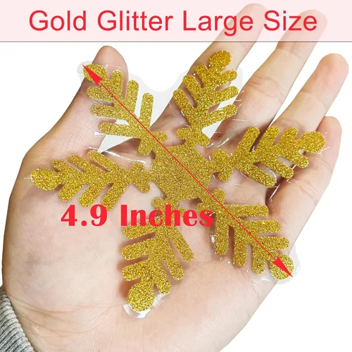 Miniatura 3 de Adhesivos de Copos de Nieve Dorados con Purpurina para Ventanas 147 PCS Copos de Nieve Brillantes para Ventanas Decoraciones de Paraíso Invernal Oro