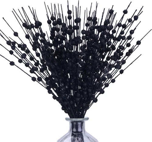 Paquete de 10 tallos de bayas artificiales negras con purpurina de 15.7 pulgadas, palitos de Navidad falsos decorativos con purpurina para árbol de