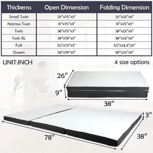 Miniatura 6 de Colchón plegable de espuma viscoelástica, colchón triple de 3 pulgadas con funda lavable, certificado CertiPUR-US, colchón portátil individual XL