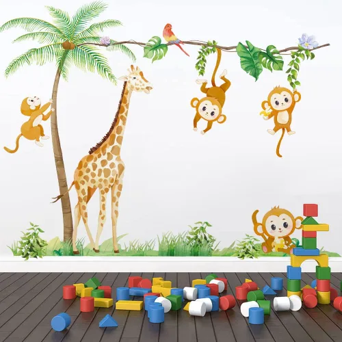 Runtoo Calcomanías de pared de animales de safari para guardería, palmera, jirafa, mono, calcomanías de pared para dormitorio de niños Jirafa y Mono