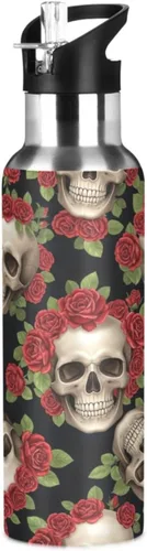 Skulls Vibrant Red Roses Stainless Steel Vacuum Insulated Water Bottle 20 Oz Leakproof Water Bottles, BPA-Free Sport Water Bottle Insulated