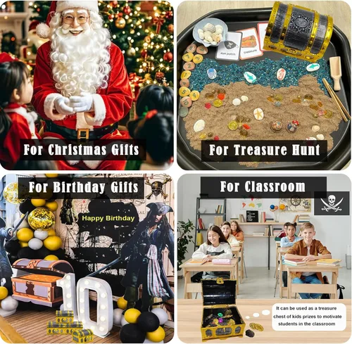 Miniatura 7 de Cofre del tesoro pirata para niños, caja de almacenamiento de plástico con borde dorado con cerradura y llave para juegos de caza para niños, fiesta
