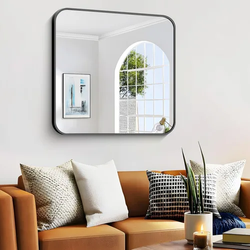 Miniatura 2 de Espejo de baño de 40 x 36 pulgadas, espejo rectangular de pared negro con marco de metal, espejo de tocador rectangular con esquinas redondeadas