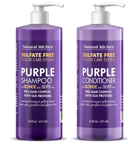Natural Riches Juego de champú y acondicionador morado para cabello rubio, plateado y gris, sin sulfatos, seguro para el color, elimina los tonos