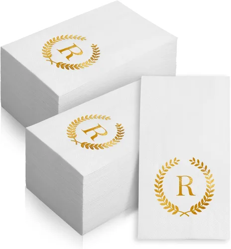 Miniatura 19 de Paquete de 200 servilletas desechables con monograma de lámina dorada con letra T, servilletas de mano desechables con inicial, para boda