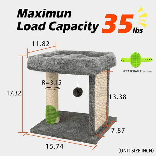 Miniatura 4 de Poste rascador para gatos pequeño con auto peluquero para gatos, cama superior de 17.3 x 13.4 pulgadas de ancho, poste de rascador natural y bola