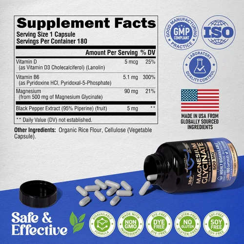 Miniatura 8 de Glicinato de magnesio 500 mg – Suplemento quelatado – Forma de alta absorción de magnesio – Apoyo para el sueño, la salud muscular y cardíaca