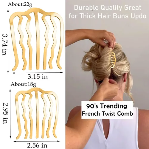 Miniatura 2 de 7 piezas de horquilla de metal para el cabello, peine giratorio francés para moño updo, horquilla en forma de U, pinzas para el cabello
