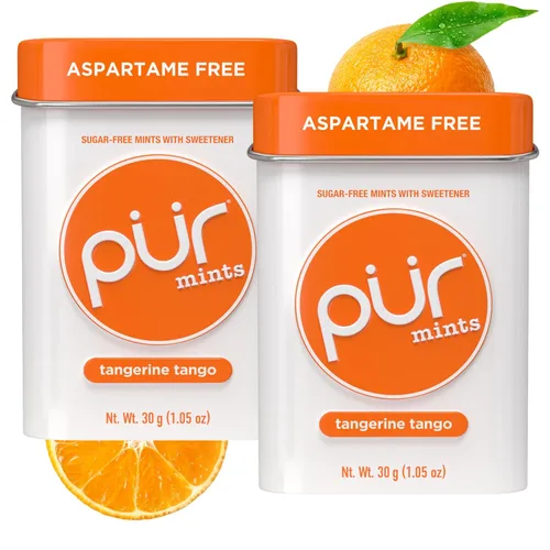 PUR Caramelos de menta | Sin aspartame | Hechos con xilitol | Caramelos naturales con sabor a Mandarina Tango, sin azúcar, veganos, sin gluten y