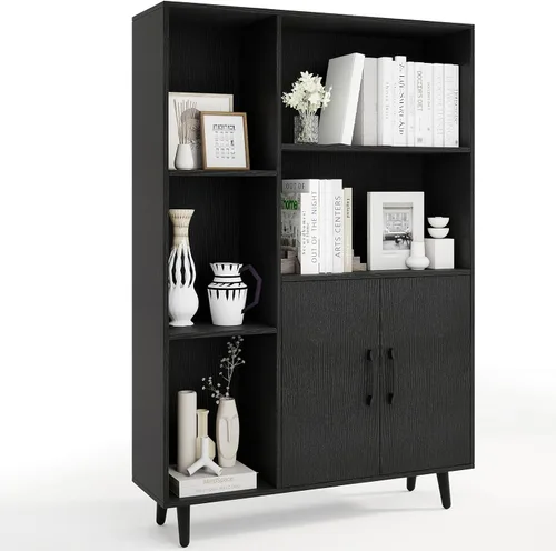 Giantex Gabinete de almacenamiento de 47 pulgadas, estantería con 2 puertas, 5 estantes abiertos, patas de metal, kits antipuntas, gabinete de Negro