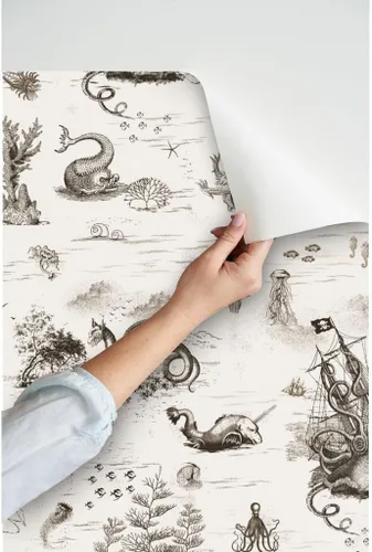 Miniatura 3 de Spoonflower Papel tapiz para despegar y pegar, diseño vintage de dragón, océano, pulpo, sepia, toile, sirena, steampunk, papel tapiz extraíble