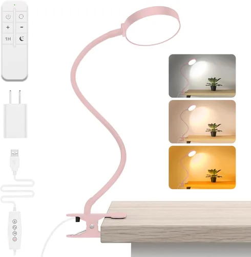 iFalarila Luz de lectura con control remoto, lámpara de escritorio LED con clip [temporizador de 1 hora y luz nocturna] RA>95 regulable cuello de