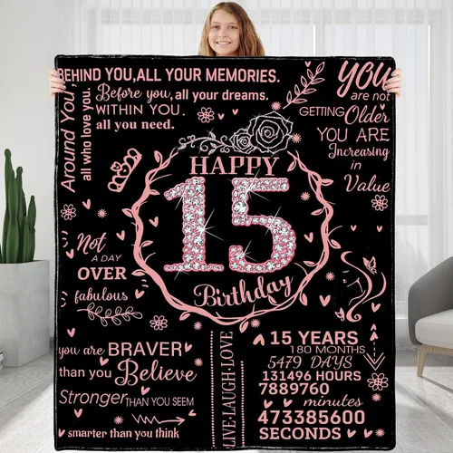 Manta de 15 cumpleaños para niñas, ideas de regalo de feliz cumpleaños 15 para ella, regalos de 15 años para hija, hermana, mejor amiga, manta suave