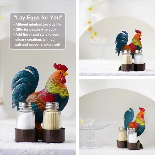Miniatura 3 de Juego de salero y pimienta con diseño de gallo - Dos saleros de vidrio con tapas, soporte vintage de metal con diseño de gallo para especias