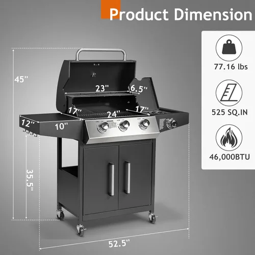 Miniatura 6 de Bonnlo - Parrilla de gas propano de 3 quemadores con quemador lateral y rejillas esmaltadas en porcelana, parrilla de gas de 46000BTU con estante