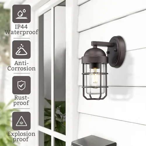 Miniatura 4 de Emliviar Lámpara de pared para exterior estilo casa de campo, lámpara de pared exterior clásica, jaula de metal industrial náutica con vidrio