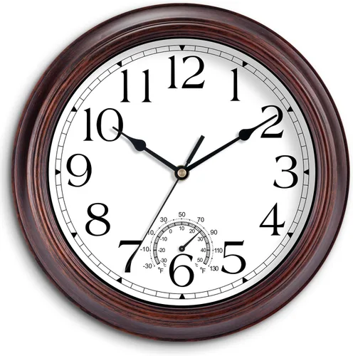 KECYET Reloj de pared para exteriores de 14 pulgadas con termómetros, reloj de pared silencioso vintage que funciona con pilas, reloj retro sin