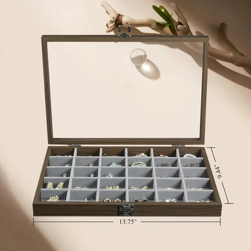 Miniatura 5 de Stratalife Organizador de joyas de madera con 30 rejillas, bandeja para aretes, caja de anillos, organizador de aretes con tapa transparente