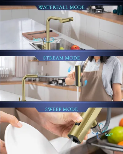 Miniatura 3 de APPASO Grifo de Cocina Dorado Sin Contacto con Rociador Desplegable, Grifo de Fregadero de Cocina con Sensor de Movimiento Tipo Cascada con Mango
