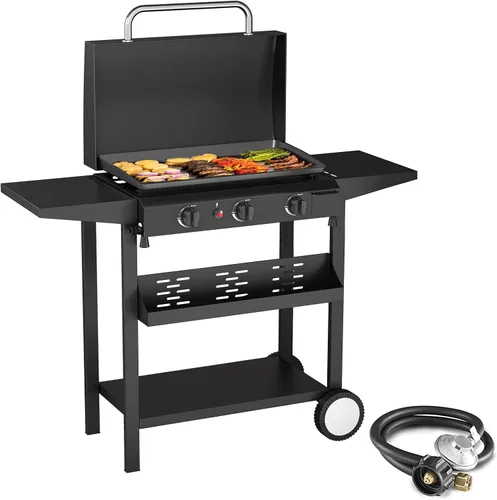 SKOK Parrilla de gas de 3 quemadores con campana, parrilla de propano para exteriores de 25.6 pulgadas, parrilla de gas portátil con parte superior