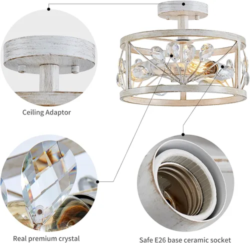 Miniatura 3 de WUZUPS Lámpara de araña de cristal con 3 luces, estilo vintage, estilo granja, industrial, semiempotrada, para vestíbulo, pasillo, almacenamiento