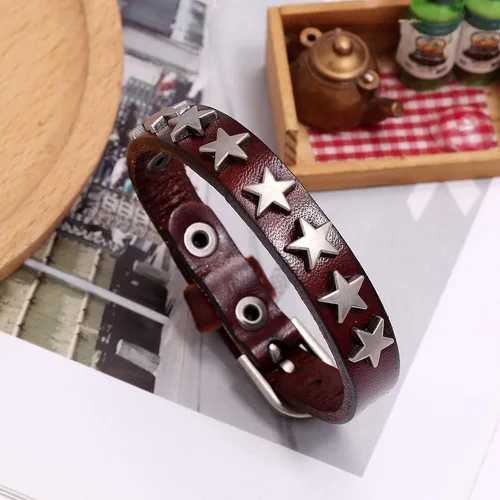 Miniatura 4 de YWMAN 2 pulseras góticas con tachuelas de pentagrama – Pulsera de cuero vintage con estrella – Pulsera de muñeca de roca hebilla joyería