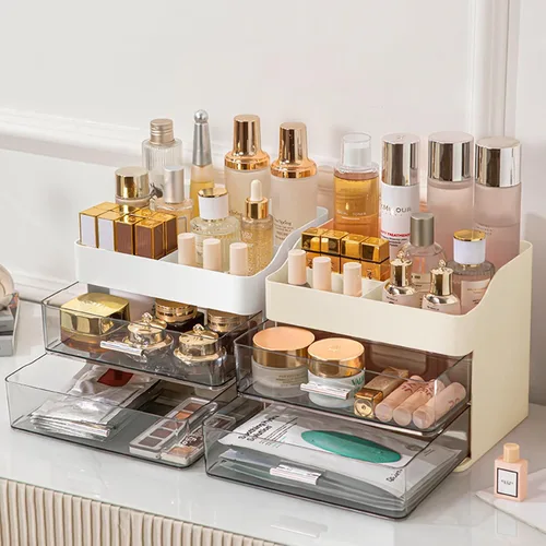 Miniatura 4 de DASITON Organizador de maquillaje con 2 cajones, organizador de cosméticos de maquillaje de gran capacidad para tocador, tocador de baño