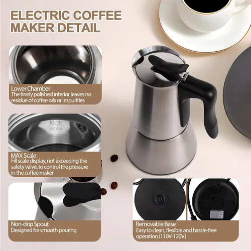 Miniatura 4 de Olla eléctrica de acero inoxidable para 6 tazas de 10.1 fl oz, cafetera expresa, cafetera portátil, cafetera italiana, clásica, Greca, Café, moca