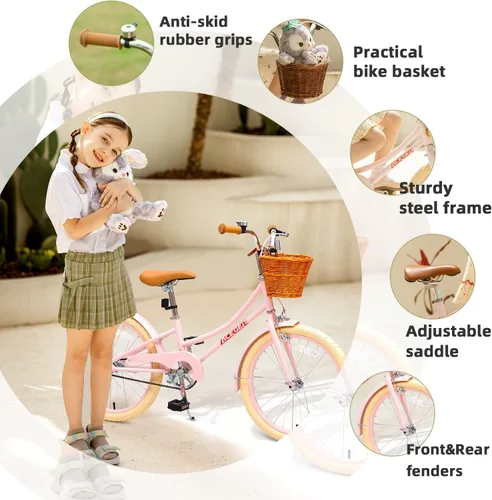 Miniatura 3 de ACEGER Bicicleta para niñas con canasta, bicicleta para niños de 3 a 13 años, incluye freno de contrapedal y freno de pinza, 14, 16, 18 pulgadas