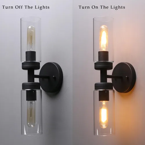 Miniatura 8 de Phansthy Lámpara de pared industrial rústica con pantalla tubular de vidrio transparente (aplique de 2 luces)