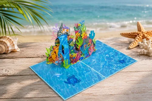 Miniatura 2 de ETA Tarjeta desplegable 3D Ocean World, tarjeta de cumpleaños de arrecifes de coral para entusiastas del buceo, regalo del día del padre, H08