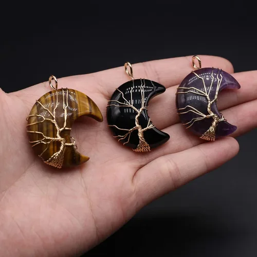 Miniatura 6 de 4 colgantes de piedra natural, forma de luna, chakra, cristal, ágata, alambre de piedra, tejer, diseño de árbol de la vida para hacer joyas