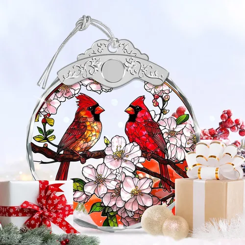 Miniatura 6 de Adornos de Navidad – Pájaros Cardenales y Flores Ornamento de Vidrio Emplomado – Decoración Navideña – Adornos para Árbol de Navidad – Regalos