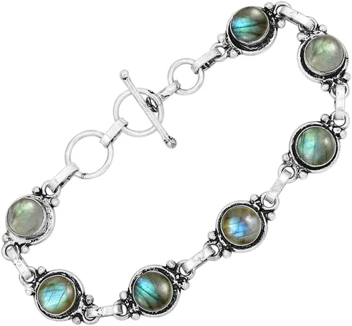 Miniatura 44 de Round Shape Natural & Synthetic Gemstones Silver Plated Bracelets for Women - Vintage Bohemian Style Handmade Birthstone Adjustable Link Bracelet