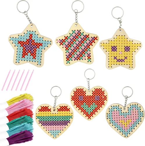 Kits de punto de cruz de madera VKPI para niños, haz tus propios 6 llaveros de punto de cruz, kit de costura de madera, estrellas de manualidades y
