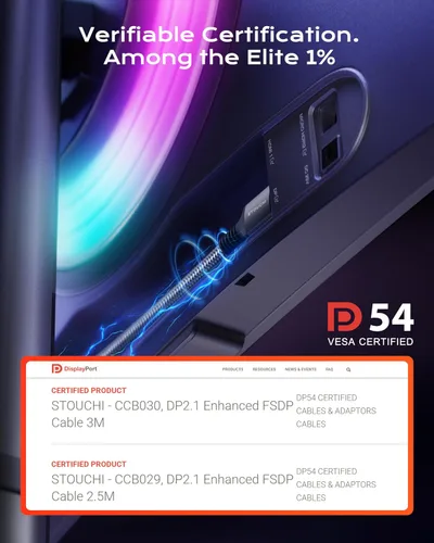 Miniatura 3 de Stouchi Cable DisplayPort 2.1 certificado VESA de 13 pies, 54Gbps UHBR13.5 [16K 8K @120Hz 4K @360Hz] Cable DP, compatible con FreeSync G-Sync, DSC