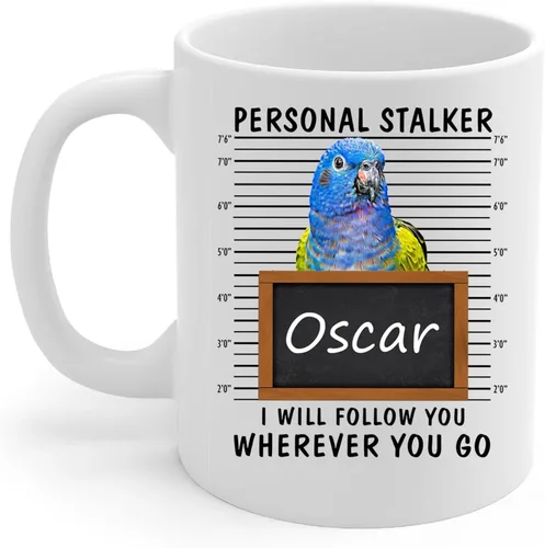 Personal Stalker I Will Follow You Pionus Parrot - Taza de café con nombre personalizado, taza de cerámica blanca, 11 onzas