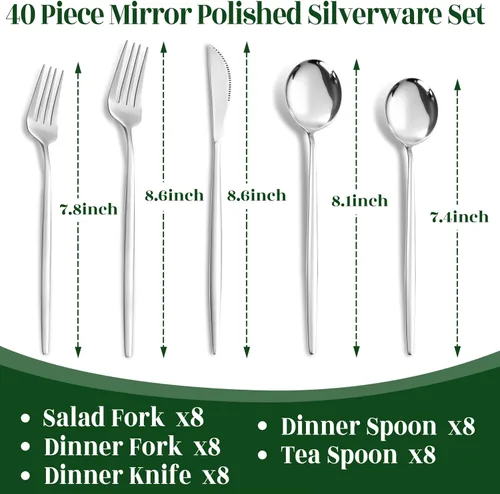 Miniatura 2 de NOCCUR - Juego de 40 cubiertos de acero inoxidable plateados para 8 personas - Juego de utensilios que incluye cuchillos, cucharas y tenedores