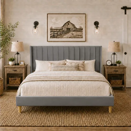 Miniatura 25 de Upholstered Bed Frame with Wingback Headboard and Wood Slats (Beige-Linen, Twin)