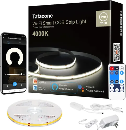 Miniatura 8 de Tatazone Tira de luz LED COB blanca inteligente con aplicación y control remoto, tira de luz COB brillante de 32.8 pies 6500 K WiFi funciona