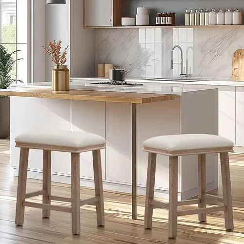Miniatura 7 de Taburete de bar gris de madera maciza para encimera de cocina, taburete de bar con asiento de cuero sintético, taburete tapizado para isla de 34 a