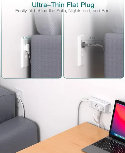 Miniatura 4 de Cable de extensión plano de 10 pies - Addtam Tira de alimentación de enchufe plano con 6 tomas extensor, sin protector de sobretensiones para barco