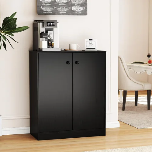 Miniatura 5 de LOKO Armario de almacenamiento de 2 puertas, armario de piso moderno con estante de 3 niveles, gabinete lateral independiente con dispositivo Negro