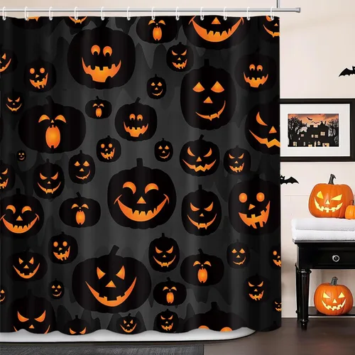 MEHOFOND Cortina de ducha de calabaza de Halloween, cortina de ducha de calabaza malvada, cortinas de ducha de otoño negras para decoración de baño,