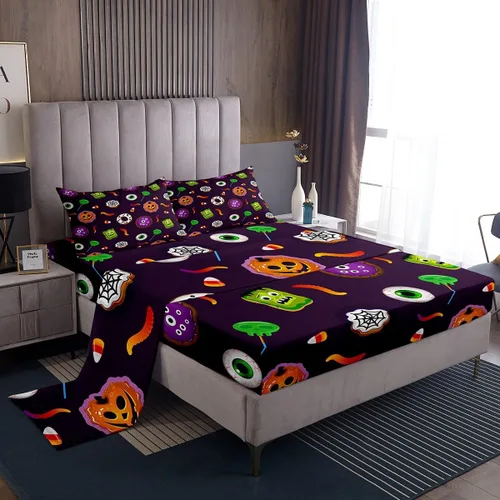 Miniatura 37 de Erosebridal Juego de sábanas de Halloween con diseño de fantasmas de dibujos animados, decoraciones de calabaza de Halloween, juego de sábanas