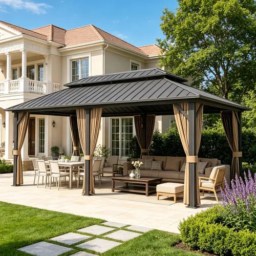 Miniatura 21 de Cenador de techo rígido de 12'x16', Cenador de patio de aluminio para exteriores con toldo de acero galvanizado de doble techo con malla y cortinas