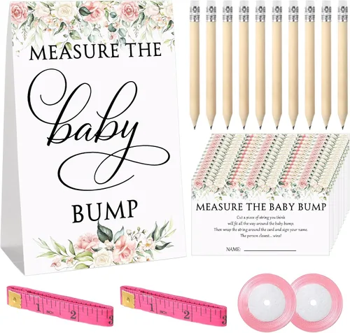Miniatura 13 de Fumete Juego de 65 piezas para baby shower, incluye letrero bohemio de medir la protuberancia del bebé, 50 tarjetas de adivinanzas, 10 lápices, 2