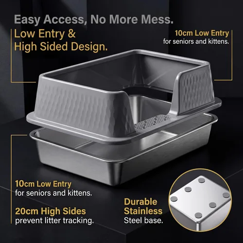 Miniatura 7 de Suhaco - Caja pequeña de arena para gatos de acero inoxidable con entrada lateral, paredes altas y profundas con tapa lateral extraíble, alfombrilla