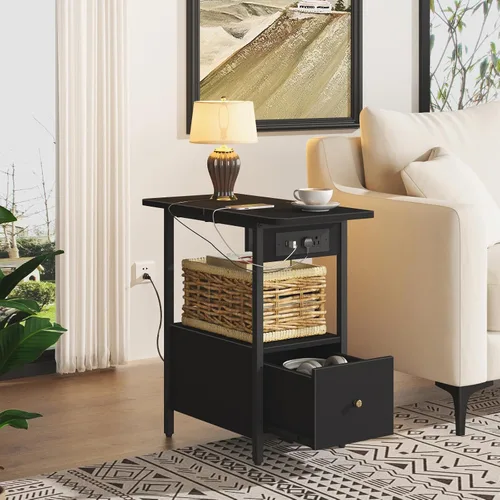 Miniatura 4 de LIDYUK Mesa auxiliar con estación de carga, mesa auxiliar estrecha con cajón, puertos USB y tomas de corriente, mesita de noche para espacios Negro