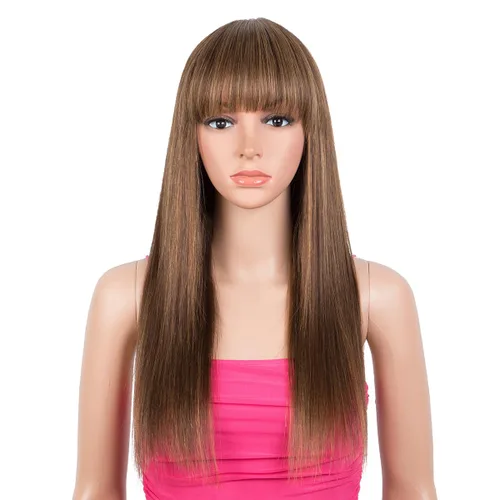 Miniatura 8 de Rebecca Fashion Pelucas lacias de 14 pulgadas con flequillo, pelucas de cabello humano para mujeres negras, sin encaje frontal, pelucas de cabello